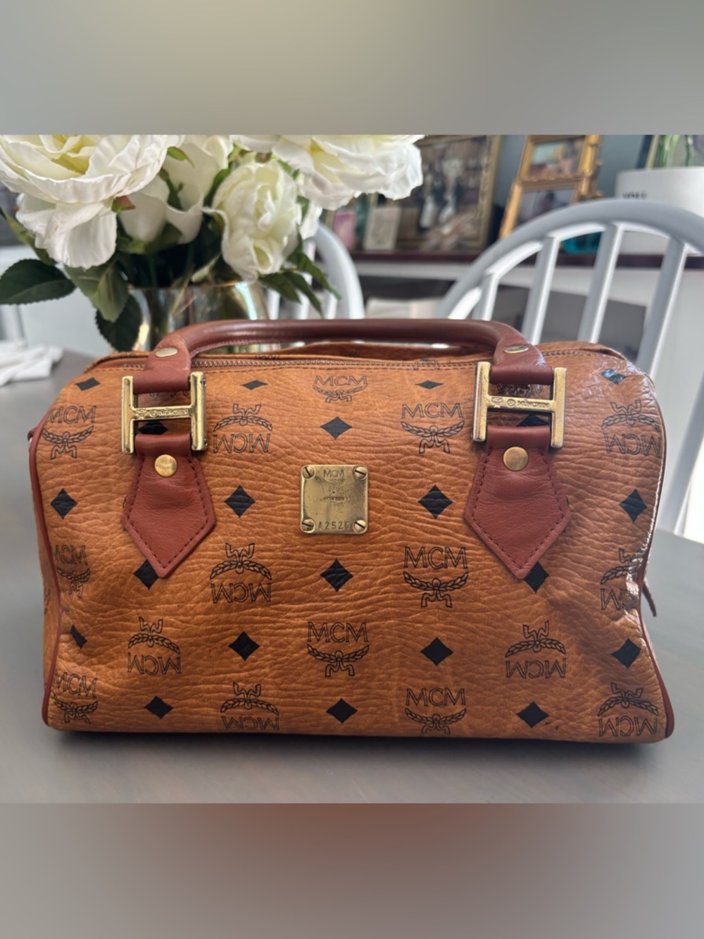 MCM Vintage Cognac Monogram Visetos Boston Speedy w leather trim AUTHENTIC